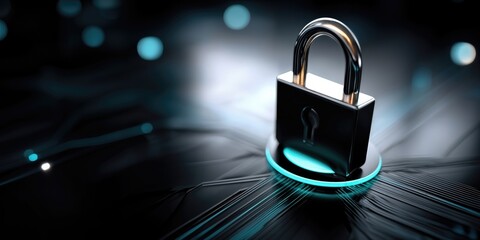 Aufkleber - Padlock on Circuit Board with Glowing Blue Accents, Illustrating Cybersecurity and Data Protection for Digital Transformation Initiatives : Generative AI