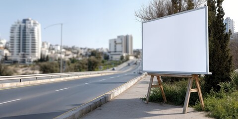 Poster - Blank Billboard on Sidewalk Overlooking City Road, Ideal for Outdoor Advertising and Marketing Campaigns : Generative AI