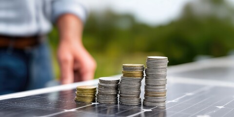 Aufkleber - Stacks of Coins on Solar Panel With Man in Background, Symbolizing Green Investment and Sustainable Finance for a Better Future : Generative AI