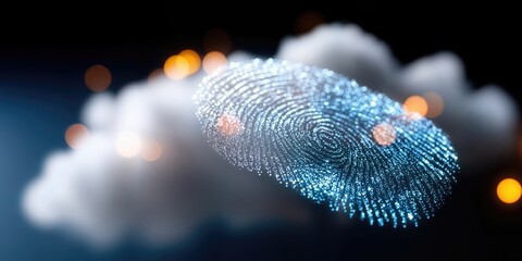 Fototapete - Glowing Fingerprint Over Cloud, Symbolizing Digital Security and Biometric Authentication for Technology Solutions : Generative AI