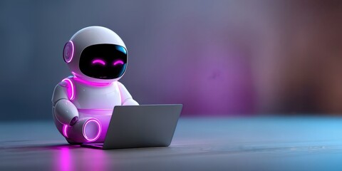 Poster - Cute Robot Working on Laptop With Neon Lights, Representing AI Solutions and Technological Advancement in the Digital Age : Generative AI