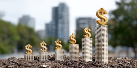 Aufkleber - Dollar Signs on Buildings Growing From Soil, Symbolizing Financial Growth and Investment Opportunities in Real Estate : Generative AI