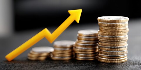 Aufkleber - Stacks of Coins With a Rising Arrow Symbolizing Financial Growth and Investment Success, Representing Wealth Management and Economic Prosperity : Generative AI