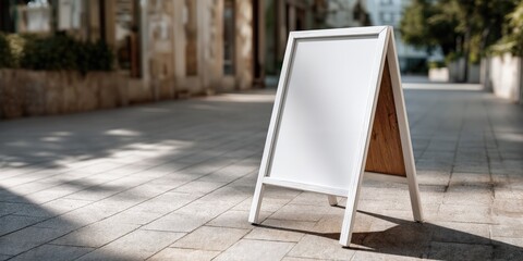 Poster - Blank White Sandwich Board on Cobblestone Street, Ideal for Restaurant Promotion and Local Business Advertising, Creating an Inviting Atmosphere : Generative AI
