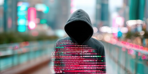 Aufkleber - Anonymous Figure in Hoodie With Digital Overlay Standing in City, Representing Cybersecurity and Data Privacy Awareness : Generative AI
