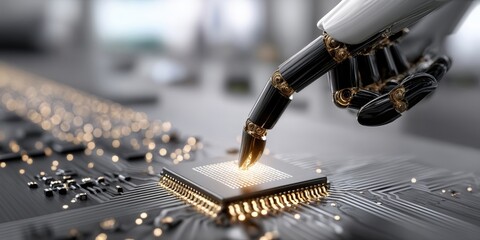 Fototapete - Robotic Hand Touching a Microchip, Symbolizing Artificial Intelligence and Technological Advancement in Digital Transformation and Automation : Generative AI