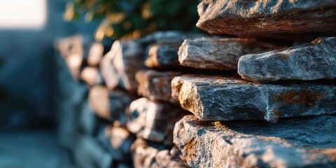 Poster - Stacked Stone Wall in Warm Sunlight, Symbolizing Strength and Enduring Construction : Generative AI