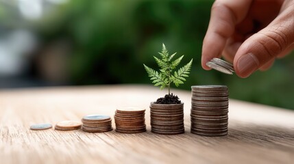 Leinwandbilder - Hand Adding Coin to Stack Next to Growing Plant, Representing Financial Growth, Investment, and Sustainable Business Practices for Long-Term Success : Generative AI