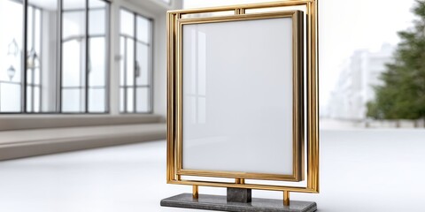 Aufkleber - Elegant Gold Frame on Marble Base in Modern Interior, Ideal for Advertising Mockups and Product Presentations, Showcasing Luxury and Sophistication : Generative AI