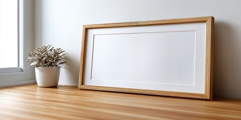 Aufkleber - Wooden Frame Mockup on Table Near Plant, Ideal for Home Decor Showcase and Creative Visualization Projects : Generative AI
