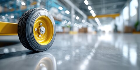 Aufkleber - Yellow Wheel on a Cart in a Warehouse, Illustrating Logistics and Supply Chain Efficiency, Ideal for Industrial Solutions and Manufacturing : Generative AI