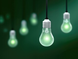 Fototapete - Glowing Light Bulbs Hanging Against Green Background, Symbolizing Innovation and Creative Solutions for Business Strategy and Problem Solving : Generative AI