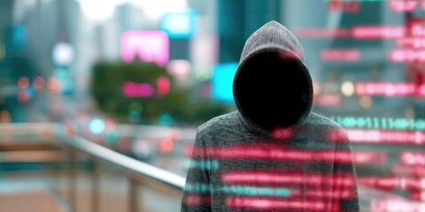 Aufkleber - Anonymous Hacker in Hoodie With Binary Code Overlay Against Cityscape, Representing Cybercrime and Data Security Concerns for Digital Transformation : Generative AI