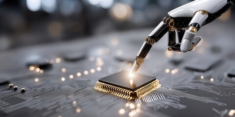Fototapete - Robotic Hand Touching a Microchip on a Circuit Board, Symbolizing Artificial Intelligence and Technological Advancement for Digital Transformation Initiatives : Generative AI