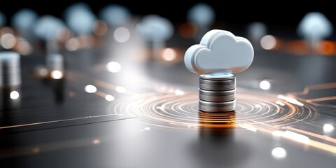 Aufkleber - Cloud Computing Icon on Stack of Coins With Glowing Circuitry, Representing Digital Transformation and Financial Technology Investment : Generative AI