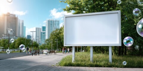 Poster - Blank Billboard in Urban Park with Bubbles, Ideal for Outdoor Advertising and Public Awareness Campaigns in a Serene Environment : Generative AI