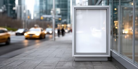 Poster - Blank Billboard on City Sidewalk With Blurred Yellow Taxis, Ideal for Advertising Campaigns and Urban Marketing : Generative AI