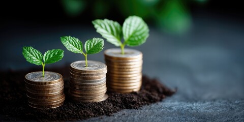 Leinwandbilder - Stacks of Coins With Seedlings Growing in Soil, Symbolizing Financial Growth and Investment Opportunities for Business and Personal Finance : Generative AI