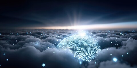 Fototapete - Glowing Fingerprint Above Clouds at Night, Representing Digital Security and Biometric Authentication for Cybersecurity Solutions and Identity Verification : Generative AI