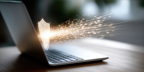 Aufkleber - Glowing Shield Protecting Laptop From Cyber Attack, Illustrating Data Privacy and Network Security for Business Technology : Generative AI