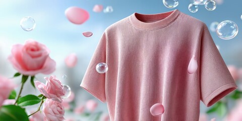 Aufkleber - Pink T-Shirt Surrounded by Roses and Bubbles, Representing Freshness and Cleanliness for Laundry Detergent Advertising and Spring Fashion Trends : Generative AI