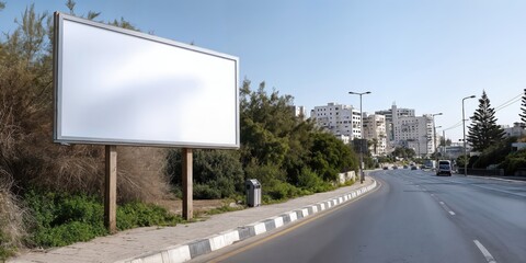 Poster - Blank Billboard Beside a Road in Urban Setting, Ideal for Outdoor Advertising and Marketing Campaigns, With a Clear Blue Sky : Generative AI