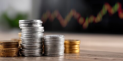 Leinwandbilder - Stacks of Silver and Gold Coins Against Blurred Stock Market Chart, Representing Investment Strategy and Financial Growth for Wealth Management : Generative AI