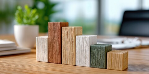 Aufkleber - Wooden Block Graph on Desk, Symbolizing Business Growth and Financial Success, Ideal for Investment and Marketing Presentations : Generative AI