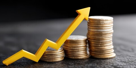 Aufkleber - Stacks of Coins With Yellow Arrow Pointing Upward, Signifying Financial Growth and Investment Strategy, Suitable for Business and Economic Development Concepts : Generative AI