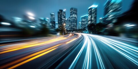 Leinwandbilder - Cityscape at Night With Light Trails, Showcasing Urban Development and Infrastructure Progress, Ideal for Transportation and Technology Industries : Generative AI