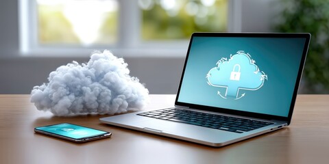 Aufkleber - Laptop and Smartphone Displaying Cloud Security, Emphasizing Digital Protection and Data Privacy in Modern Technology : Generative AI
