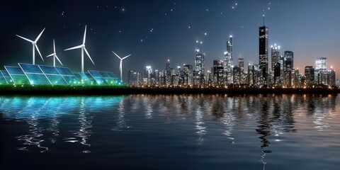 Poster - Solar Panels and Wind Turbines With City Skyline at Night, Showcasing Renewable Energy and Corporate Responsibility for a Sustainable Future : Generative AI