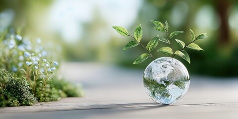 Poster - Crystal Globe With Sprout on Wooden Surface, Illustrating Environmental Awareness and Corporate Social Responsibility, Ideal for Sustainability Campaigns : Generative AI
