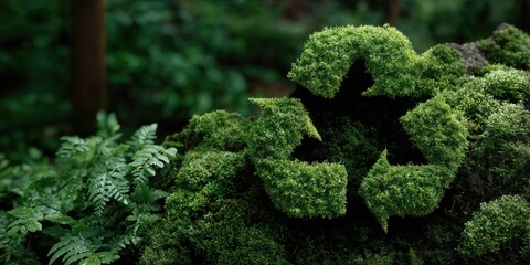 Poster - Moss-Covered Recycle Symbol in Forest, Representing Environmental Awareness and Sustainable Business Practices : Generative AI