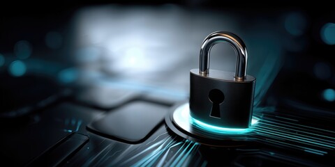 Aufkleber - Padlock on Glowing Platform, Symbolizing Cyber Security and Data Protection for Technology Solutions and Digital Transformation Initiatives : Generative AI