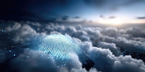 Aufkleber - Glowing Fingerprint Over Clouds at Sunset, Representing Digital Security and Biometric Authentication for Cybersecurity Solutions : Generative AI
