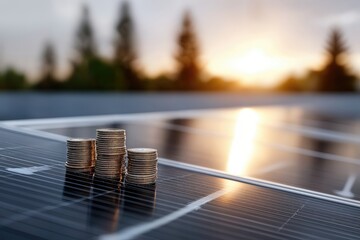 Aufkleber - Stacks of Coins on Solar Panel at Sunset, Symbolizing Sustainable Investment and Renewable Energy Solutions for a Greener Future : Generative AI
