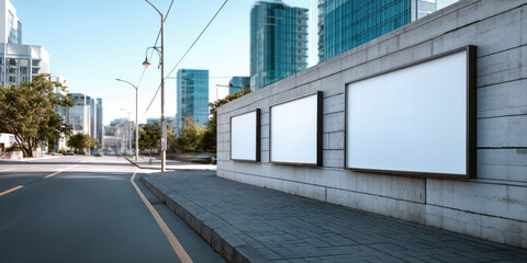 Poster - Three Blank Billboards on a City Street for Outdoor Advertising and Urban Communication Campaigns, Representing Marketing and Public Awareness : Generative AI