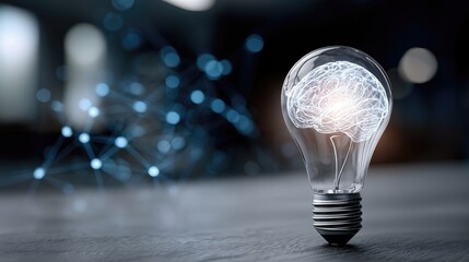 Poster - Illuminated Brain Inside Lightbulb on Table, Symbolizing Artificial Intelligence and Innovative Solutions for Business Development and Technology Advancement : Generative AI