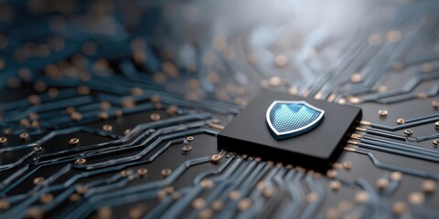 Fototapete - Glowing Shield on Microchip Board, Signifying Cybersecurity and Data Protection for Technology Solutions and Digital Transformation Initiatives : Generative AI