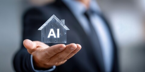 Fototapete - Man Holding Glowing AI House in Palm, Representing Smart Home Technology and Real Estate Innovation : Generative AI
