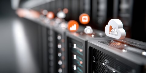 Poster - Server Racks With Cloud Computing Icons, Representing Data Storage and Digital Transformation in Information Technology Solutions : Generative AI