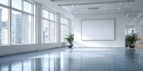 Poster - Bright Modern Office Interior With Large Windows and Blank Frame, Representing Corporate Communication and Workplace Innovation : Generative AI