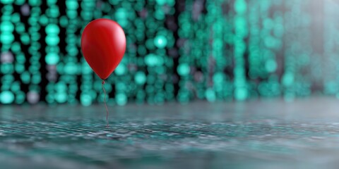 Fototapete - Red Balloon Floating Above Reflective Surface With Blurred Lights, Representing Celebration and Artificial Intelligence : Generative AI