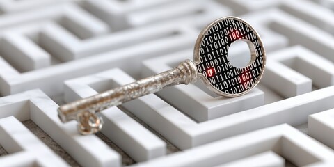 Fototapete - Vintage Key With Binary Code Overlay On Maze, Symbolizing Data Security and Cybersecurity Solutions : Generative AI