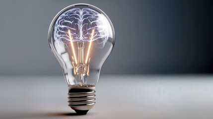Poster - Glowing Brain Inside Light Bulb on Grey Background, Symbolizing Innovation and Creative Thinking for Business Solutions : Generative AI