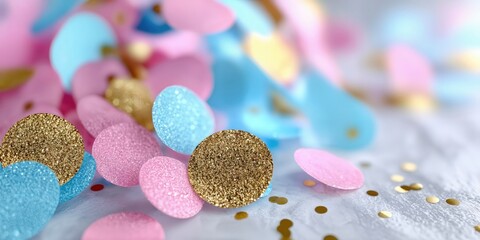 Poster - Pastel Confetti Pile With Golden Glitter Accents, Symbolizing Celebration and Festive Cheer for Party Planning and Event Marketing Campaigns : Generative AI