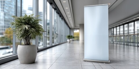 Aufkleber - Blank Roll-Up Banner Stand in a Modern Office Lobby, Ideal for Corporate Branding and Marketing Campaigns, Representing Professionalism and Growth Opportunities : Generative AI