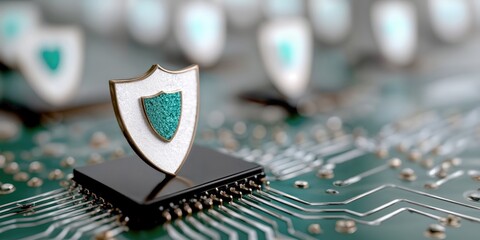 Aufkleber - Shield Icon on Computer Chip, Representing Data Protection and Cybersecurity Solutions in the Digital Age, Suitable for Technology Companies : Generative AI