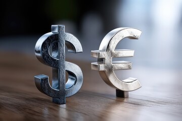 Leinwandbilder - Dollar and Euro Currency Symbols on Wooden Table, Representing Global Finance and International Investment Opportunities : Generative AI